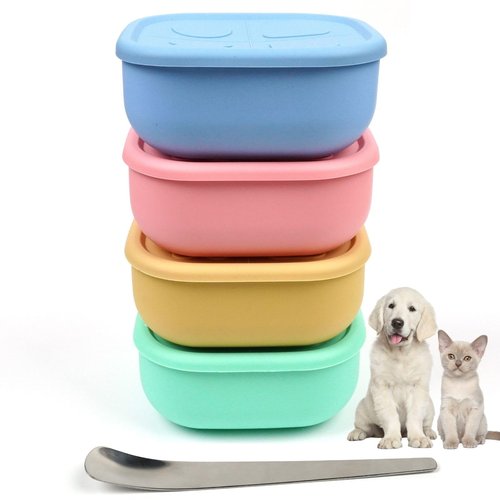 2ME Airtight Pet Wet Food Storage Containers with Lids (4-Pack, 12oz) - Silicone Meal Prep Kit for Dog & Cat Food - Freezer, Microwave & Dishwasher Safe - with Stainless Steel Scoop