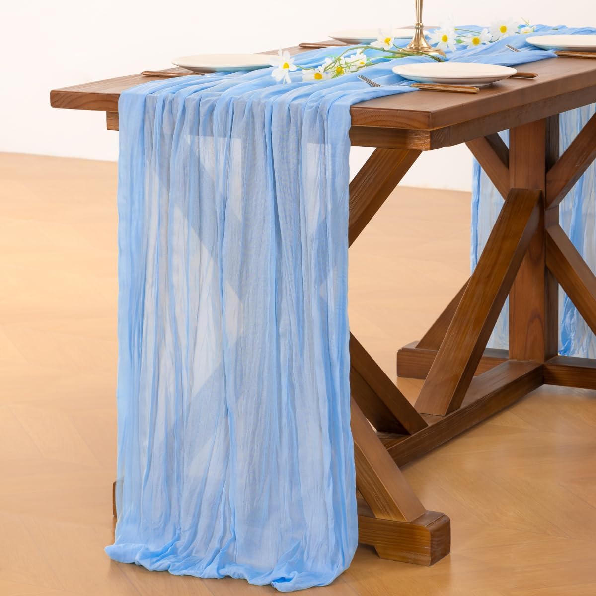 Socomi Blue Cheesecloth Table Runner - 120 Inch Light Blue Boho Rustic Decor for Weddings & Events
