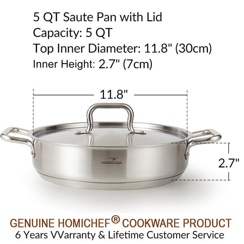 HOMICHEF Braiser Pan 5 Quart with Lid Nickel Free Stainless Steel - Matte Polished Deep Saute Pan Non Toxic - 5 Qt Braiser with Stainless Steel Lid Induction