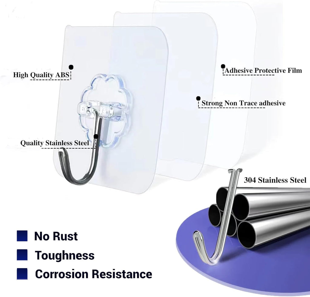 Adhesive Hooks - Heavy-Duty Self-Adhesive Transparent Wall Hooks for Bathroom & Kitchen | 50 Pack