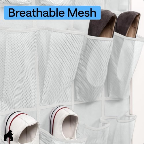 GORILLA GRIP Over The Door Shoe Organizer - 12 Large Breathable Mesh Pockets | Space-Saving Storage, 64H x 9.5W, White
