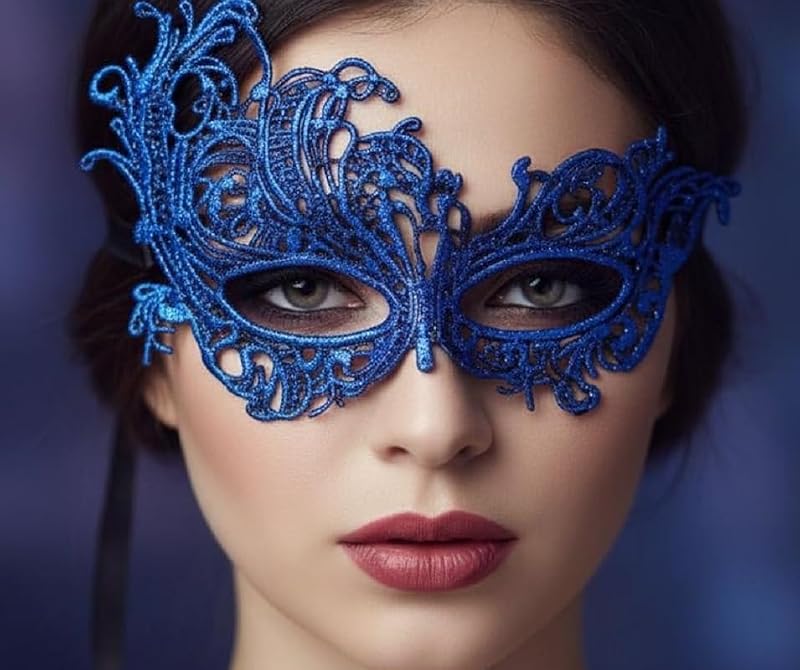 Sexy Lace Masquerade Eye Mask - Blue Floral Lace Carnival Cosplay Accessory