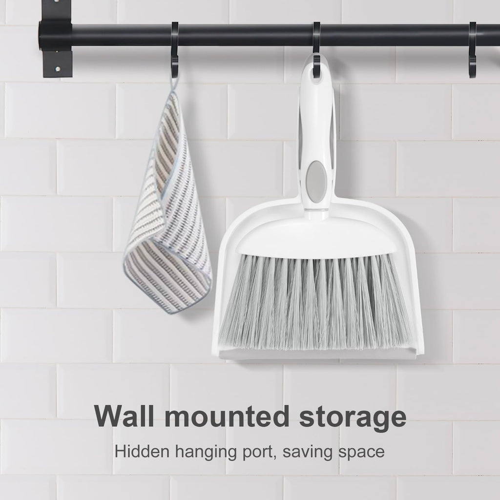 NACENA Small Dust Pan and Brush Set, Mini Broom and Dustpan Set Small Hand Broom and Brush Combo Dust Pan with Teeth for Home Cleaning Drawers Desktop Sofas and Outdoor, White & Gray