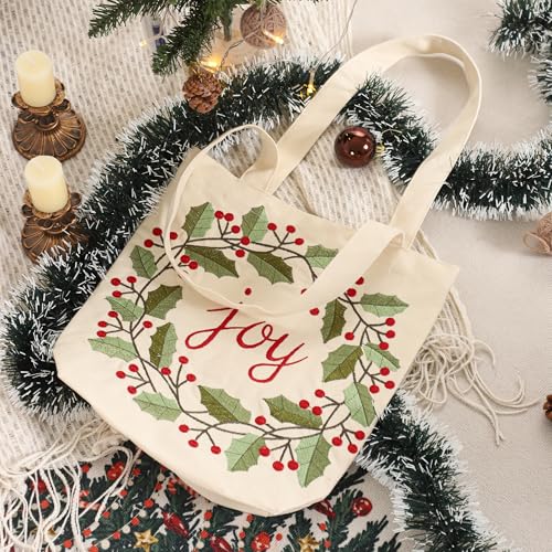 Christmas Embroidery Canvas Tote Bag - Joy Wreath Reusable Holiday Gift Bag