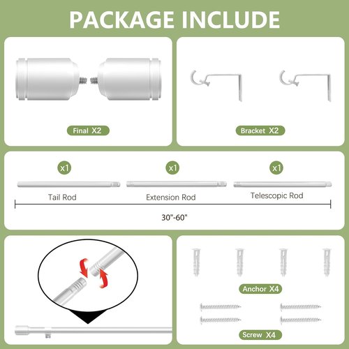 Adjustable 5/8” Diameter Curtain Rods by [Brand Name] - 30-60 Inch for 30-54 Inch Windows | Silver with Brackets