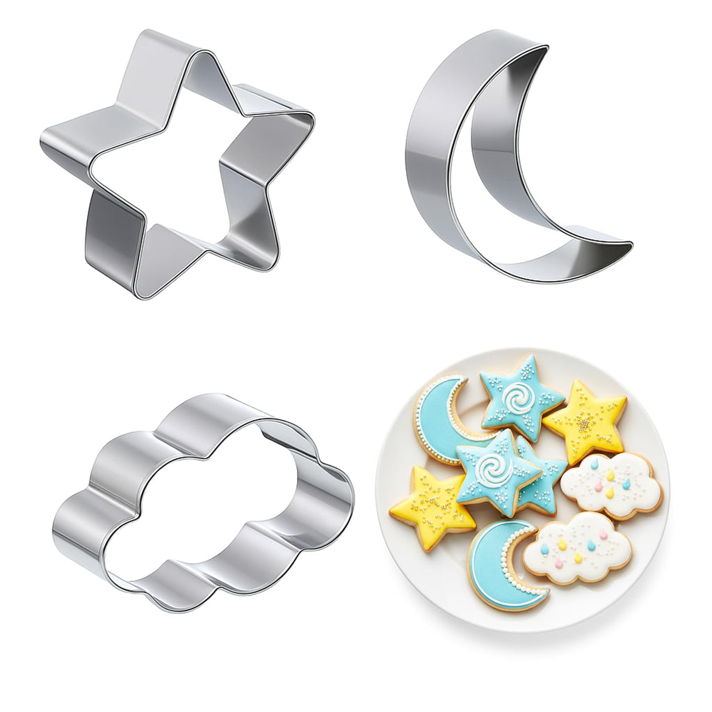 3 Pieces Star, Moon and Cloud Cookie Cutters, Stainless Steel Cute Cookie Cutters for Birthday Cake Cupcake Party Decorations
