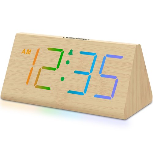 DreamSky Wooden Digital Alarm Clock for Bedroom - RGB Electric Desk Clock with Large Numbers, USB Port, Loud Alarm for Heavy Sleepers, Dimmer and Volume Control, Snooze, Wood Décor, Adapter Powered