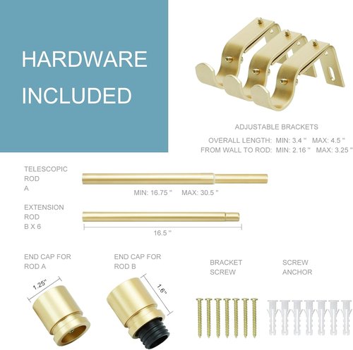 Byondeth Adjustable Curtain Rods - 16 to 120 Inches, 1 Inch Diameter, Warm Gold Finish with Aluminum Finials