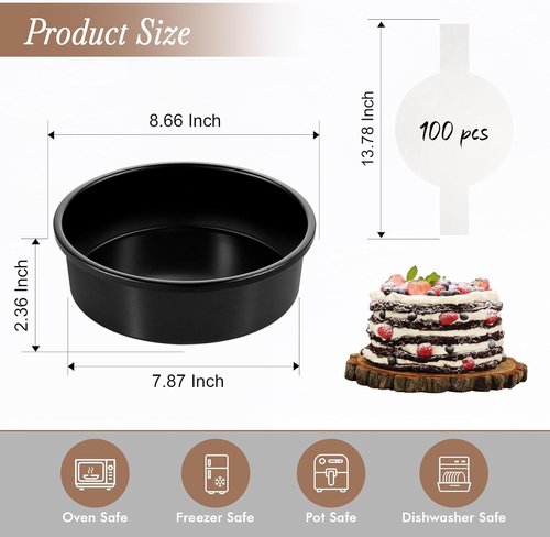 AIVIKI Nonstick 8-Inch Round Cake Pan Set - 3 Carbon Steel Baking Tins with 100 Parchment Papers