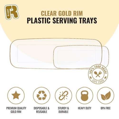 R-kay 4 Pack Plastic Serving Trays For Party - Gold Serving Tray 17 by 6.5 Inch - Heavy Duty Clear Trays For Food - Long Party Serving Trays For Entertaining - Clear Platters