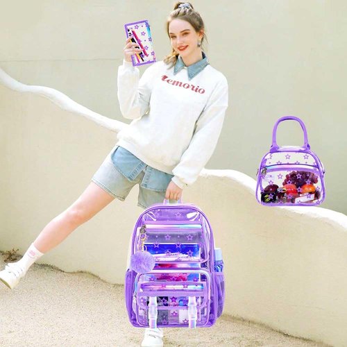 UFNDC 3PCS Clear School Backpack, Girls Star Purple Transparent Bookbag Heavy Duty, See Through PVC Bag