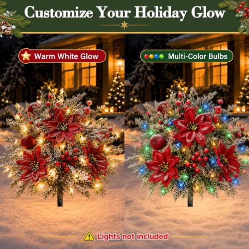 Artificial Poinsettia Flowers with Velvet Balls for Christmas Decor - 2 Pack, Cedar & Velvet Ball Variation