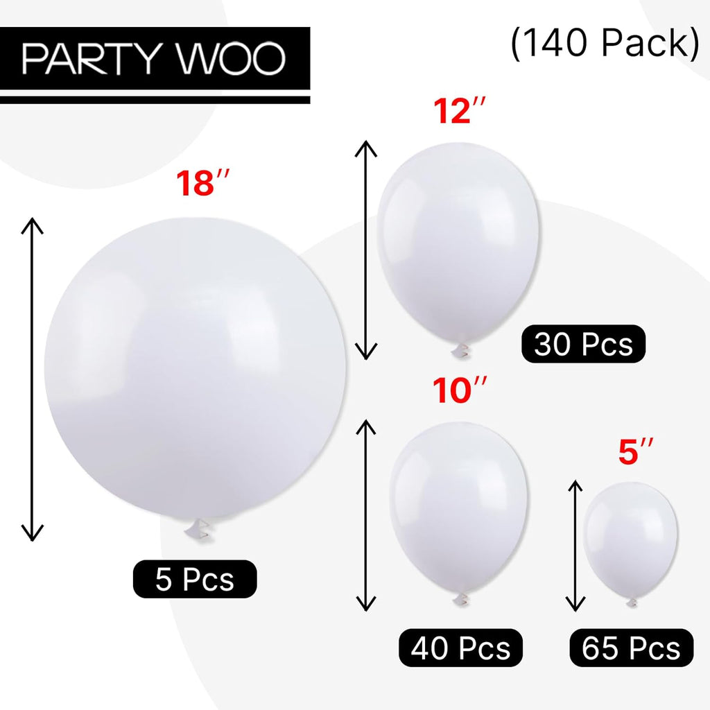 PartyWoo White Balloons - 140-Piece Arch Kit with Various Sizes for Weddings & Celebrations