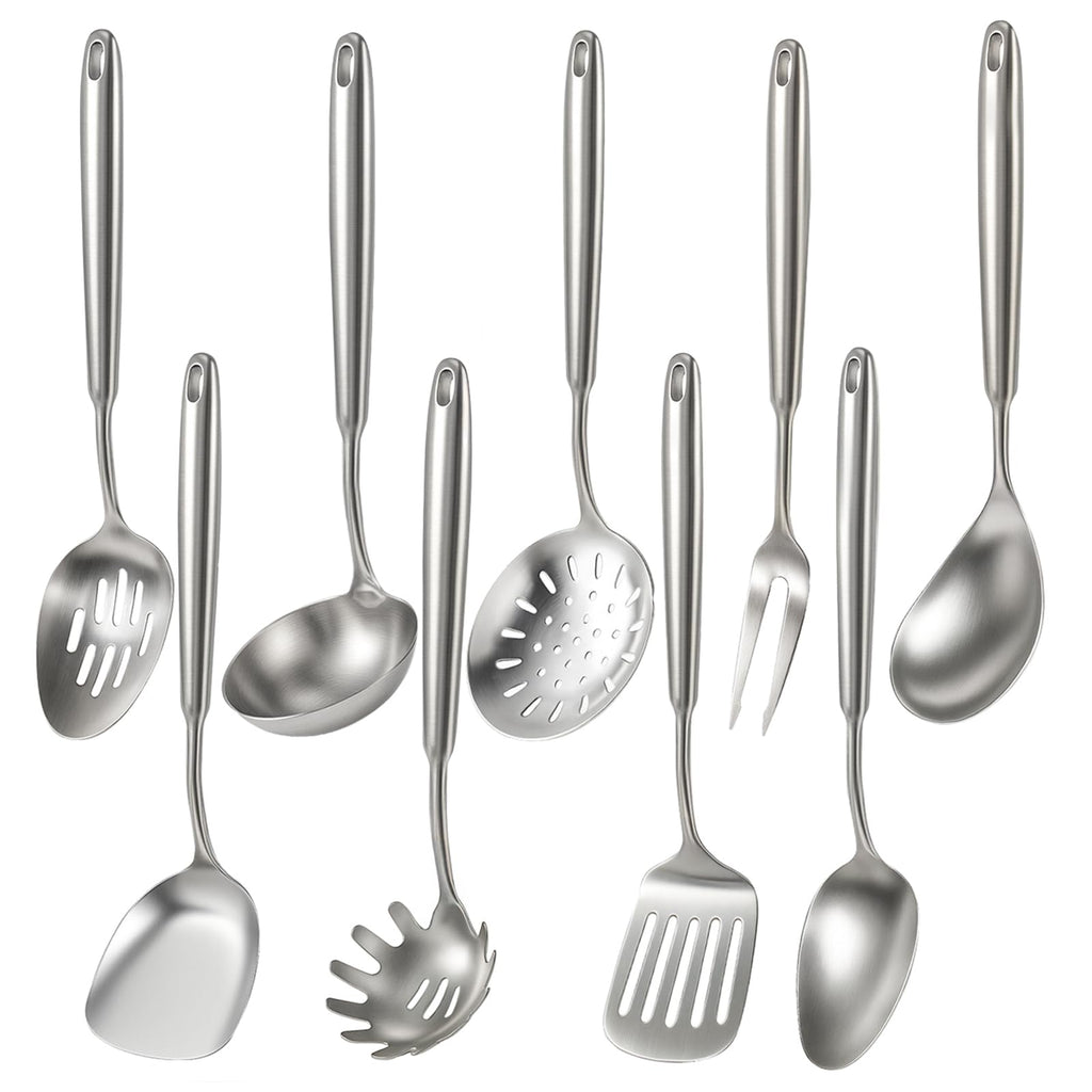 Newness 9 Pcs Cooking Utensils Set, 304 Stainless Steel Kitchen Utensils Set, Metal Kitchen Accessories, Include Soup Ladle, Slotted Skimmer Spoon, Spaghetti Spoon and Spatula, Dishwasher Safe (Short)