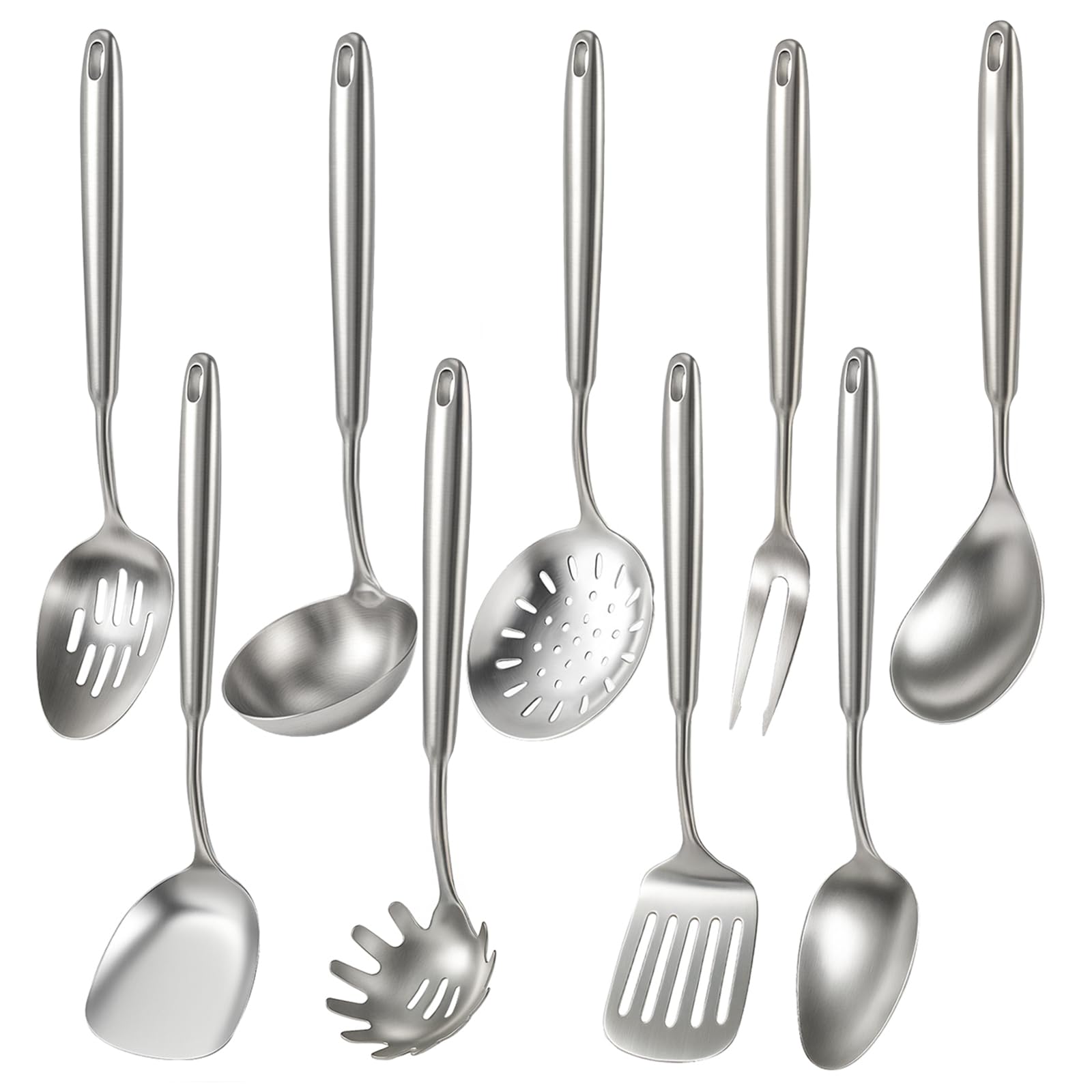Newness 9 Pcs Cooking Utensils Set, 304 Stainless Steel Kitchen Utensils Set, Metal Kitchen Accessories, Include Soup Ladle, Slotted Skimmer Spoon, Spaghetti Spoon and Spatula, Dishwasher Safe (Short)