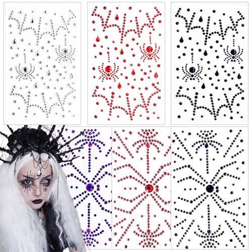 Spider Face Jewels Rhinestone Tattoos 6 Sheets Halloween Makeup Gems