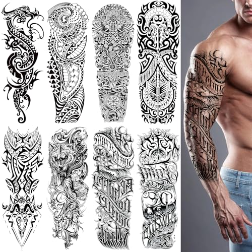 CUTELIILI Black Military Full Arm Temporary Tattoos 8 Sheets