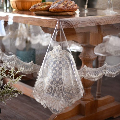 ARTABLE Vinyl PVC Rectangle Tablecloth Waterproof Clear Table Cover with Champagne Lace Macrame Border for Wedding Kitchen Home Outdoor Indoor Holidays Party Decor (Stone, 60 x 120 Inch)