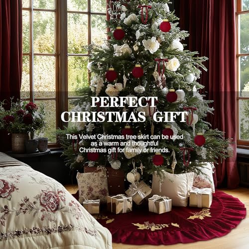 Christmas Tree Skirt 72 Inch Gold Embroidered Holly Style Red with Variation of THIS listing