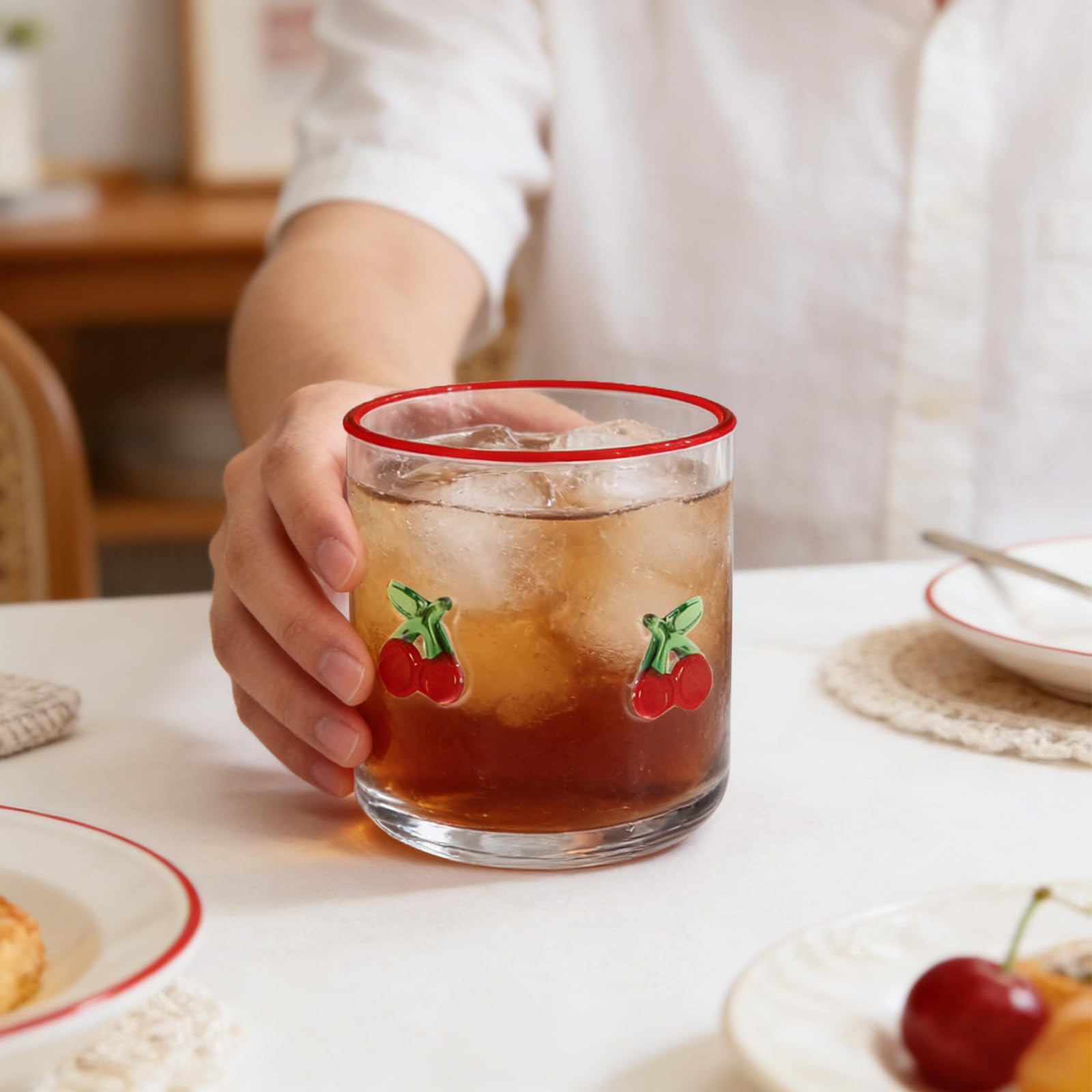 Whaline 4Pcs Fruit Icon Juice Glass 14 Oz Wine Glass Strawberry Lemon Cherry Orange Stemless Cocktail Drinking Cups for Home Party Favors Supplies