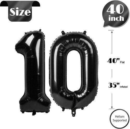 Black Number 10 Balloon - 40 Inch Giant Foil Balloon for 10th Birthday Party Decorations