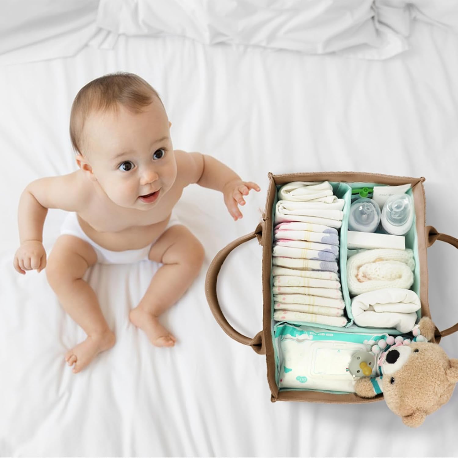 MOMINSIDE Diaper Caddy Organizer - Portable Nursery Storage Basket for Boys & Girls | Brown Newborn Essentials