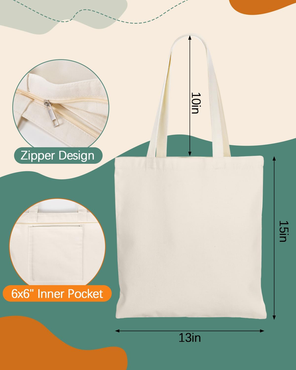 Lzerking Canvas Tote Bag Bulk with Zipper and Pocket, 24 Pack 13x15 Inches Blank Canvas Bags for Sublimation, HTV, Painting, 10oz Medium Reusable Grocery Bags for Gift, Activity