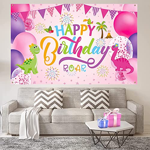 Dinosaur Birthday Backdrop Banner - Pink Photo Background for Girls