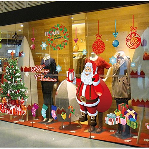 Red Christmas Window Clings Stickers Wreath Snowflakes Santa Wall Decorations - 11 Sheets
