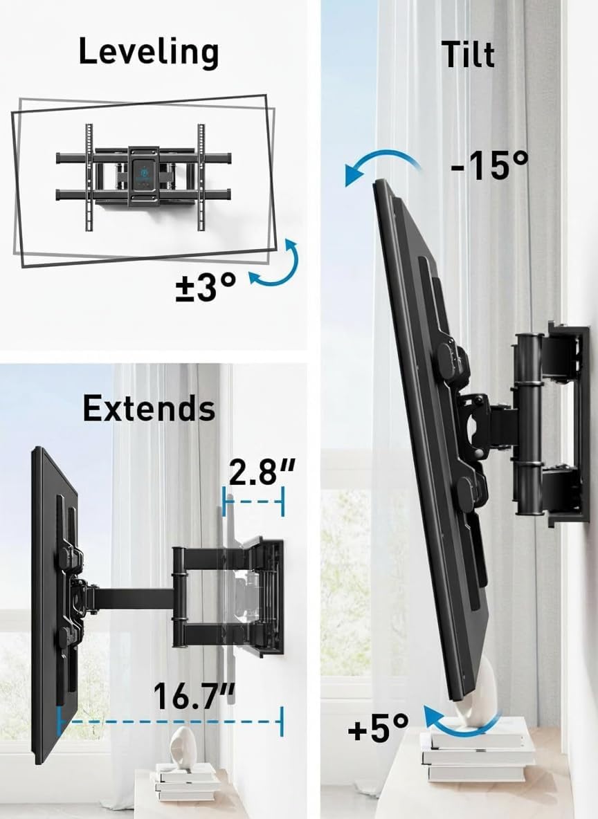 Perlesmith Full Motion TV Wall Mount - Fits 37-82 Inch TVs Up to 132 lbs | Dual Articulating Arms, Tilt & Extension