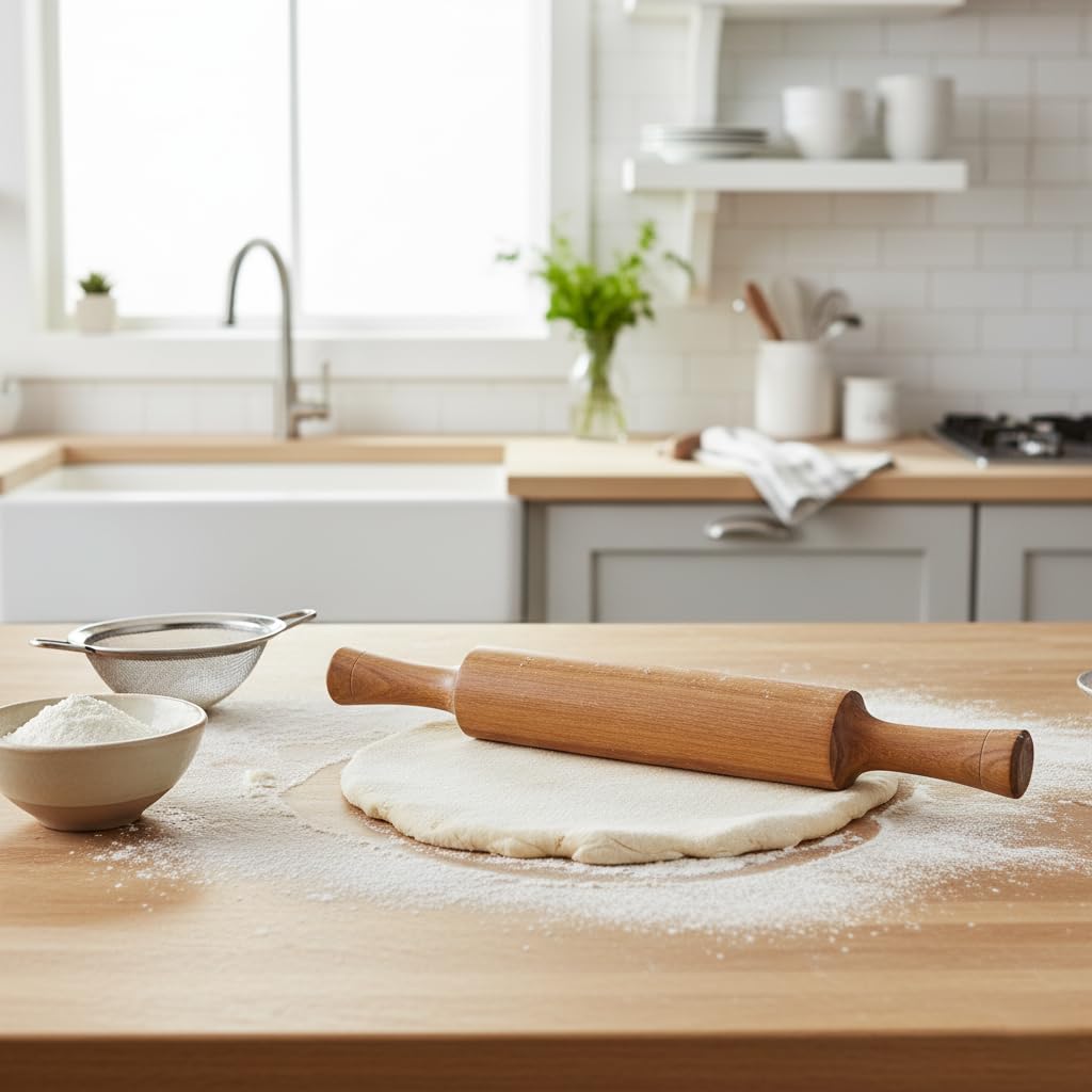 Skiennix Traditional Wooden Rolling Pin - Solid Wood Baking Tool for Pastry & Pizza Making
