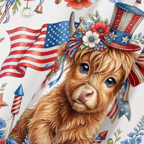 Torich 4th of July Highland Cow Patriotic Shower Curtain 72x72 Inch, Waterproof American Flag Farmhouse Bathroom Decor, Hooks Included
