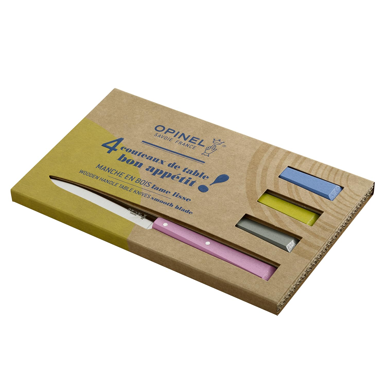 OPINEL No. 125 Table Knives, 4 Piece Set, High Carbon Steel Dinner Knives for Parties, Entertaining, or Everyday Use, Painted Hornbeam Handles, Made in France (Countryside)