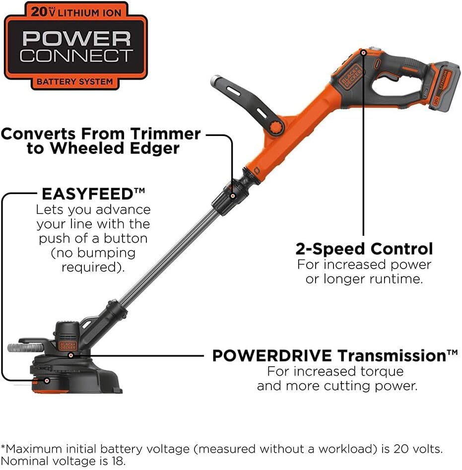 BLACK+DECKER 20V MAX String Trimmer & Edger - EasyFeed 12-Inch Cutting Width, 2-Speed Control, Battery Included