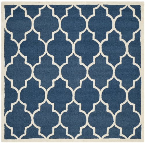 SAFAVIEH Cambridge Collection Area Rug - 6' Square, Navy & Ivory, Handmade Moroccan Trellis Wool, Ideal for High Traffic Areas in Living Room, Bedroom (CAM134G)