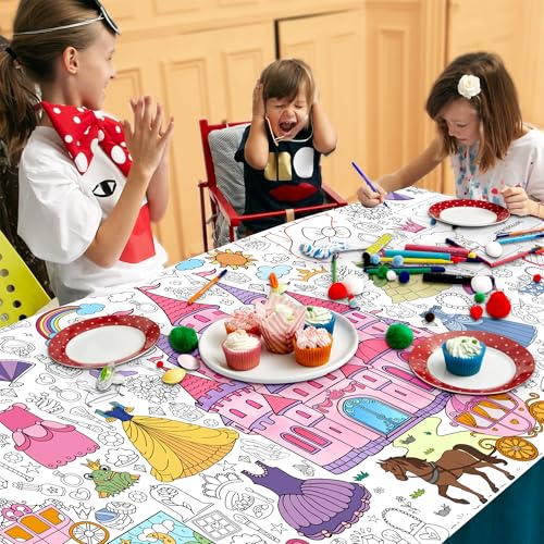 Princess Coloring Tablecloth for Kids - Giant 30x72 Inch Party Activity
