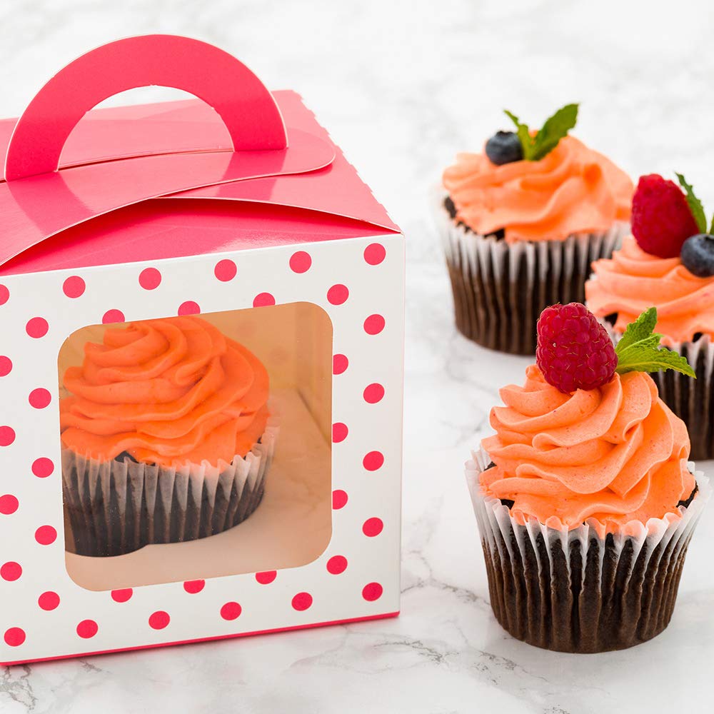 Restaurantware Pastry Tek 4.5 Inch Individual Cupcake Boxes 100 Polka Dots Cupcake Favor Boxes - Fits 1 With Window Pink Paper Cupcake Gift Boxes Built In Handle For Weddings Or Parties