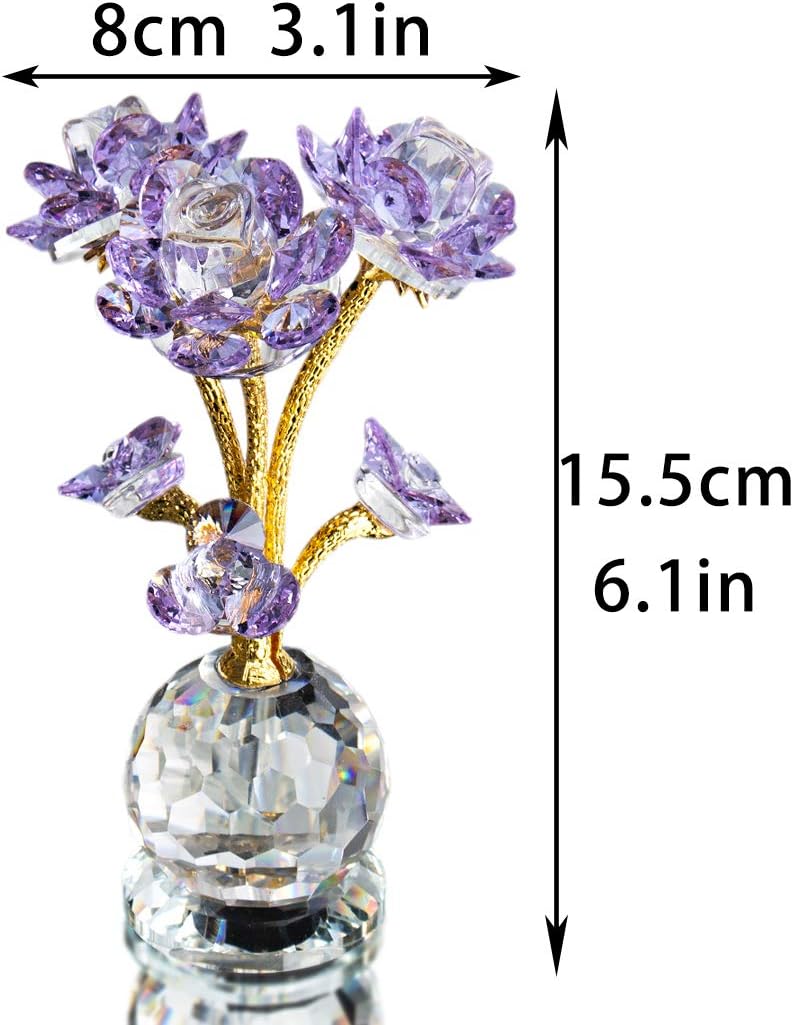 QFkris Purple Crystal Rose Flower Figurine - 6" Collectible Glass Ornament for Home Decor & Gifts