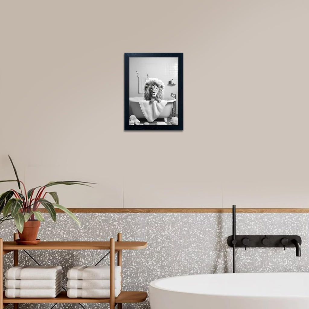 Regine Switzerland Black and White Lion Canvas Wall Art - Funny Bathroom Decor Print | Framed Animal Artwork
