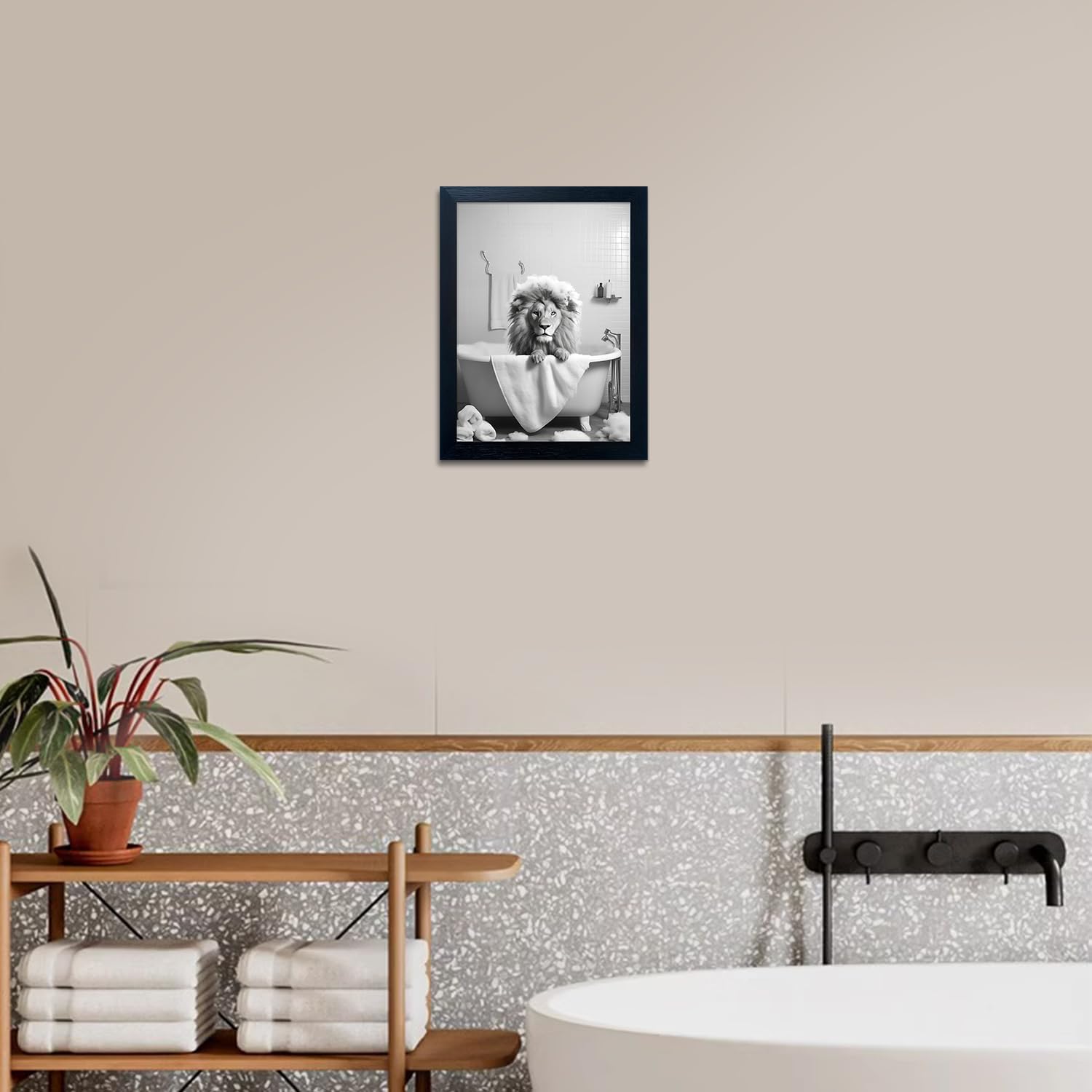 Regine Switzerland Black and White Lion Canvas Wall Art - Funny Bathroom Decor Print | Framed Animal Artwork