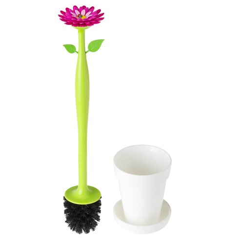 Vigar Flower Power Toilet Brush with Holder Set Toilet Brush with Daisy-shaped Handle, Flowerpot Base with Saucer Durable Bristles for Bathroom, White