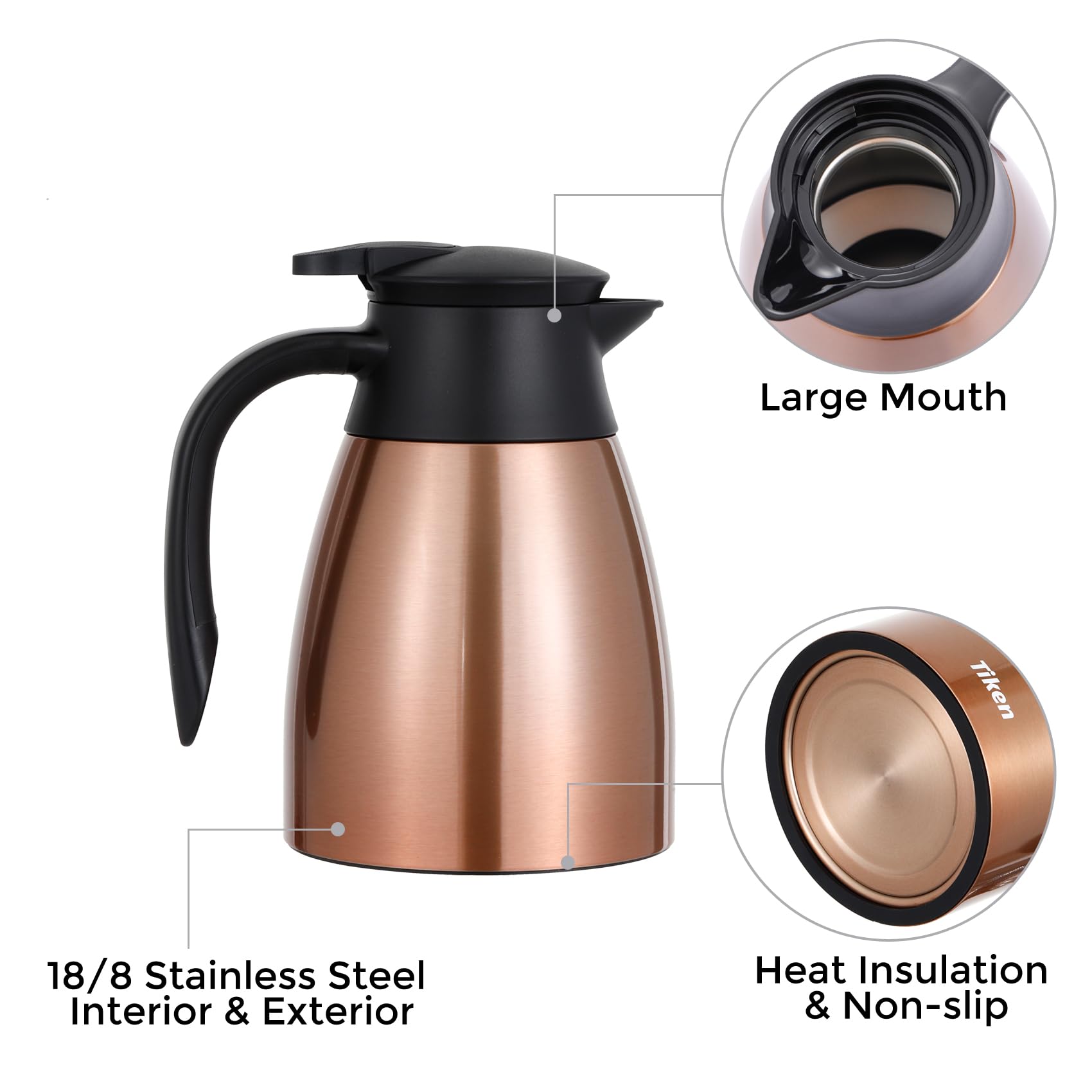 Tiken 34 Oz Thermal Coffee Carafe, Stainless Steel Insulated Vacuum Coffee Carafes For Keeping Hot, 1 Liter Beverage Dispenser (Copper)
