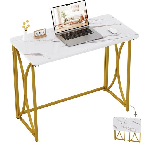 coeztt Folding Desk, 31.5" Small for Bedroom, Space Saving Foldable Computer Desk for Home Office, Easy Assembly, White and Gold