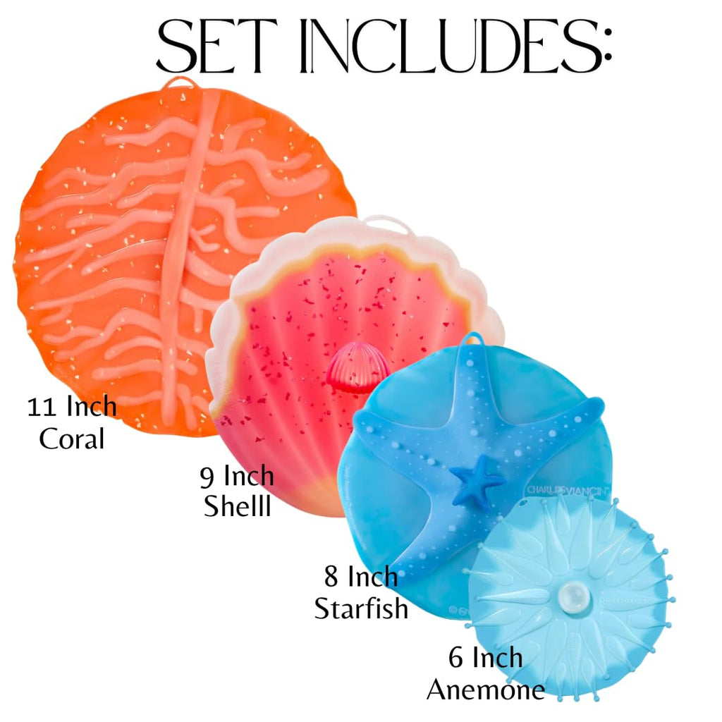 Charles Viancin - Coastal Silicone Lid for Food Storage - Set of 4 Lids - 11, 9, 8, and 6 Inch - Creates an Airtight Seal on Any Smooth Rim Surface