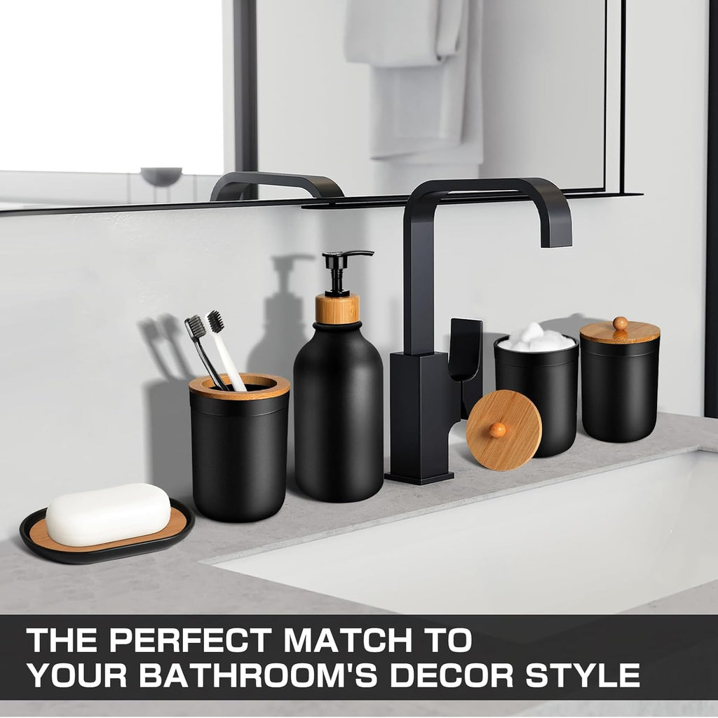 Matte Black Bathroom Accessories Set by [Brand Name] - 5-Piece Plastic Set with Soap Dispenser, Toothbrush Holder & More