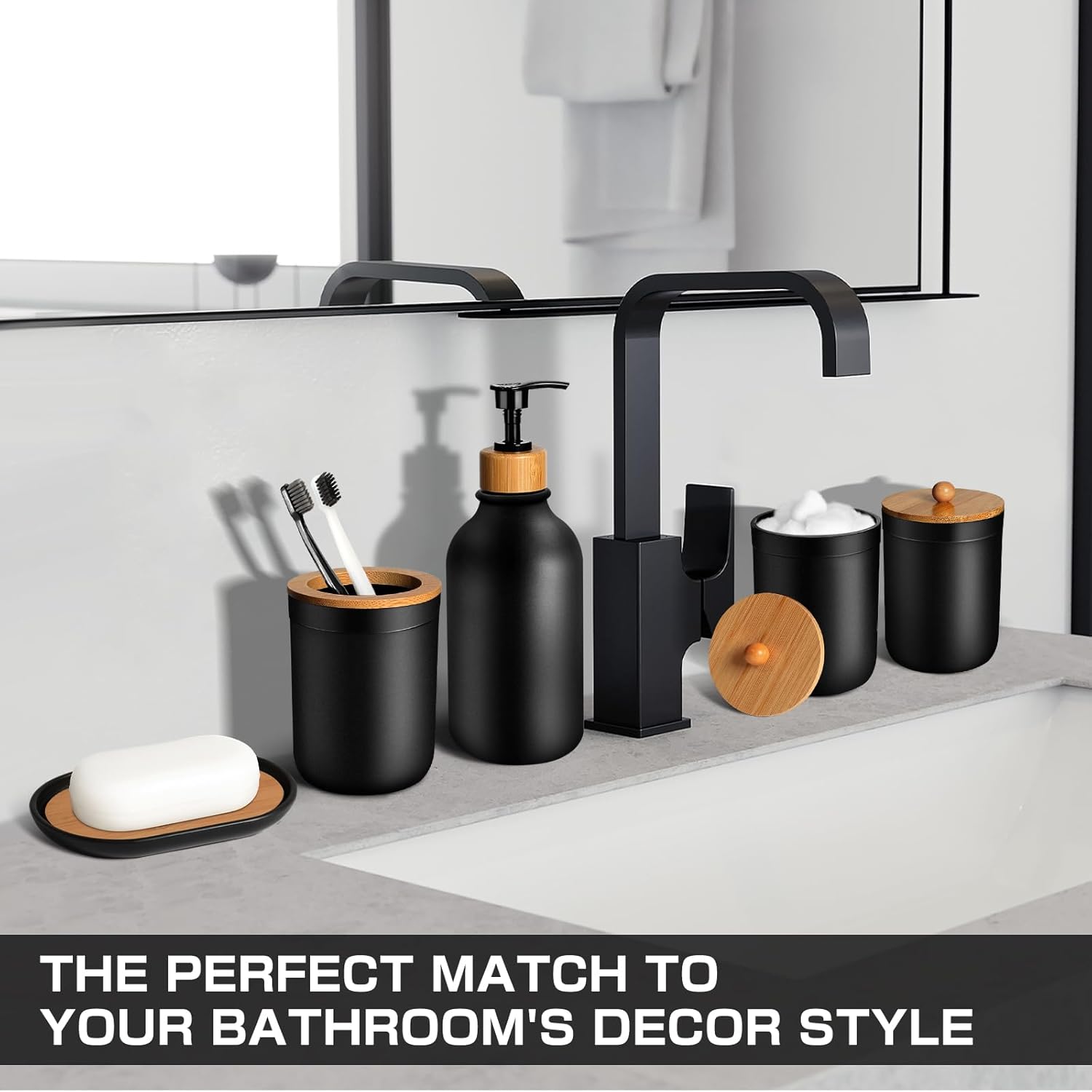 Matte Black Bathroom Accessories Set by [Brand Name] - 5-Piece Plastic Set with Soap Dispenser, Toothbrush Holder & More