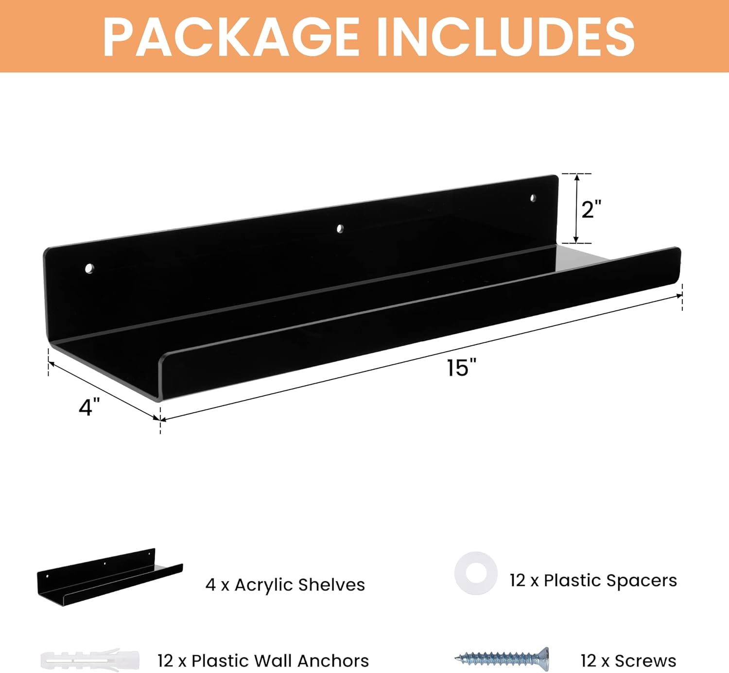 Upsimples Acrylic Wall Shelves - 15" Floating Display Shelf Set for Perfume & Books | Black, 4 Pack