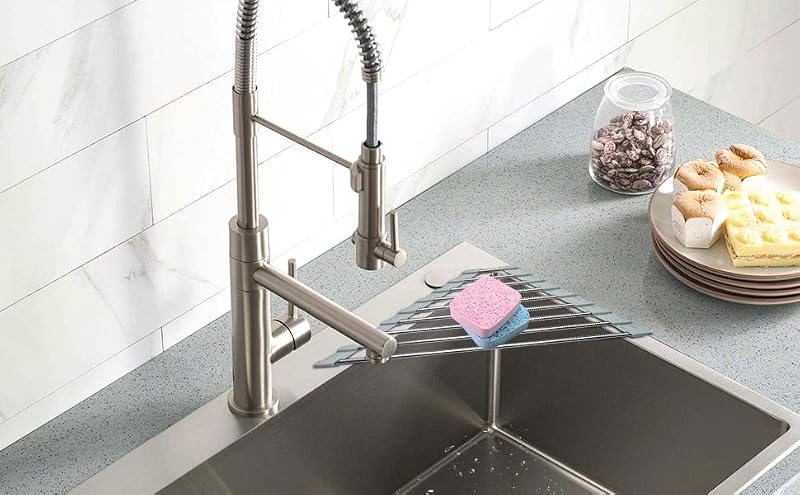 Triangle Dish Drying Rack - Roll Up Folding Stainless Steel Mat for Sink Corner - Gray
