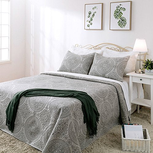 King Pillow Sham - 100% Cotton Medallion Embroidered, Gray, 20'' x 36''