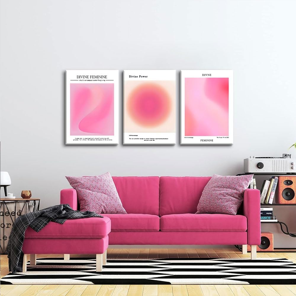 Trendy Aesthetic Canvas Wall Art Set of 3 - Pink Gradient Aura Angel Posters | Framed 12x16 Inch Decor